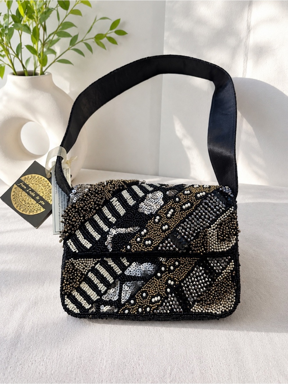 🖤 Handcrafted in India Beaded Black, Gold & Silver Shoulder Bag
